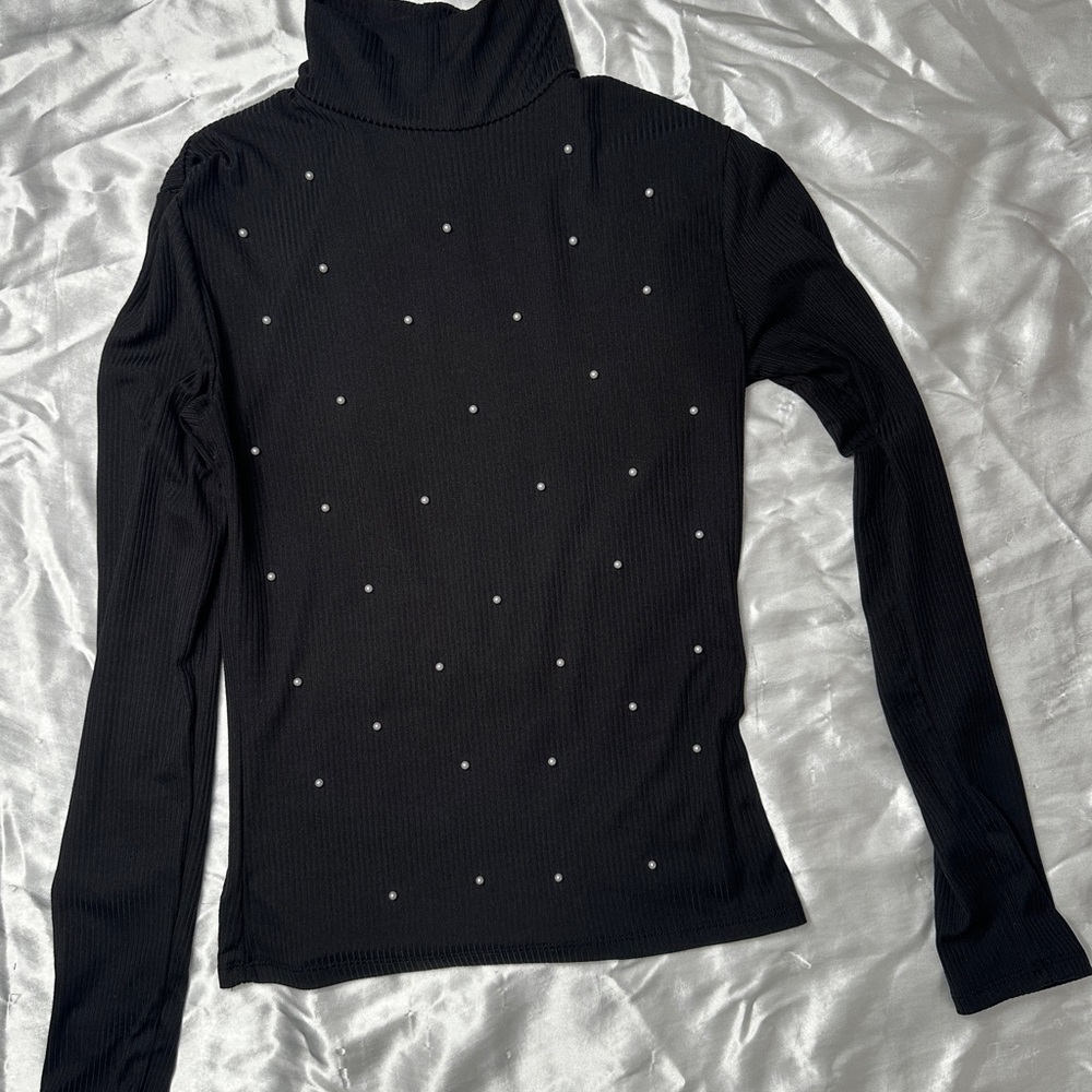 Black Long Sleeve Turtle Blouse Top with Pearl Details Women or Junior